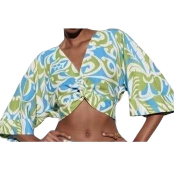 ZARA Linen Blend Crop Top Boho Print Knot Front Blouse Multicolor sky blue XS - Picture 11 of 11